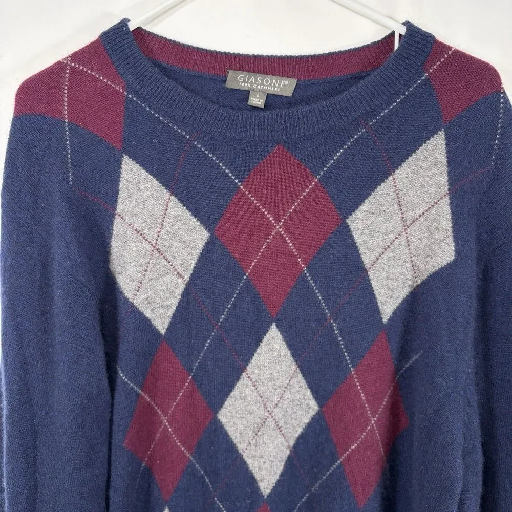 Giasone 100% Cashmere Sweater Mens Size Large Blue Red Argyle Crewneck Pullover